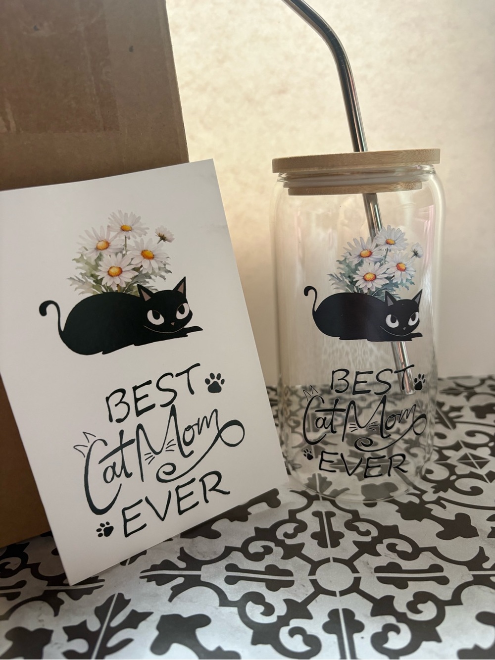 Best Cat Mom Ever Glass Tumbler - Clear with Black Cat Design